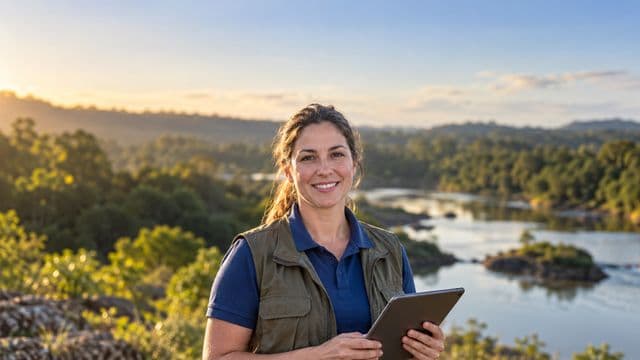 Gestora ambiental sorrindo, com camisa polo azul e colete de campo, segurando um tablet, em uma área de preservação com mata e um rio