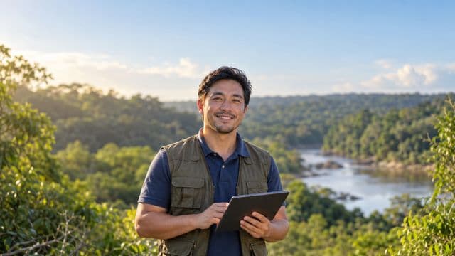 Gestor ambiental sorrindo, com camisa polo azul e colete de campo, segurando um tablet, em uma área de preservação com mata e um rio