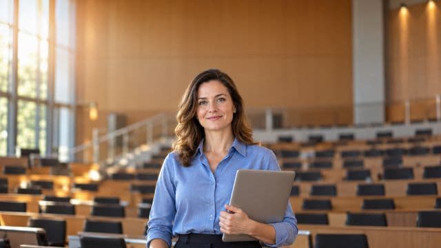 Professora universitária sorrindo, com camisa social azul, segurando um notebook, em um auditório universitário moderno