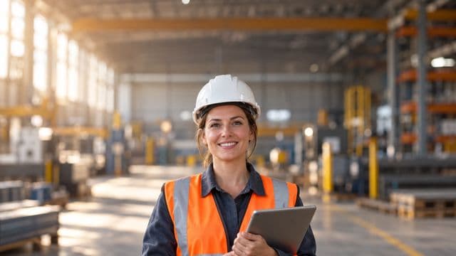 Técnica de segurança do trabalho sorrindo, com capacete branco e colete refletivo laranja, segurando um tablet, em um galpão industrial organizado