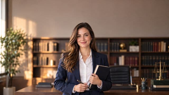 Advogada sorrindo, com terno azul-marinho e camisa branca, segurando um livro de capa lisa e uma caneta, em um escritório de advocacia elegante com estantes de livros