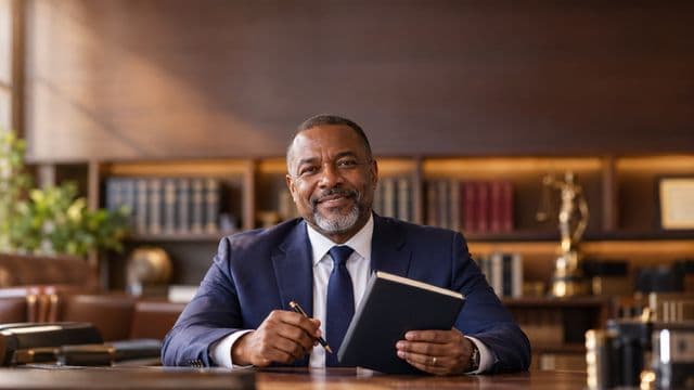 Advogado sorrindo, com terno azul-marinho e camisa branca, segurando um livro de capa lisa e uma caneta, em um escritório de advocacia elegante com estantes de livros
