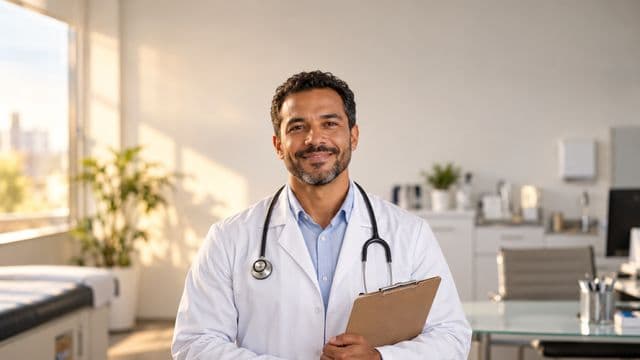 Médico sorrindo, com jaleco branco e estetoscópio, segurando uma prancheta, em um consultório médico moderno e bem iluminado