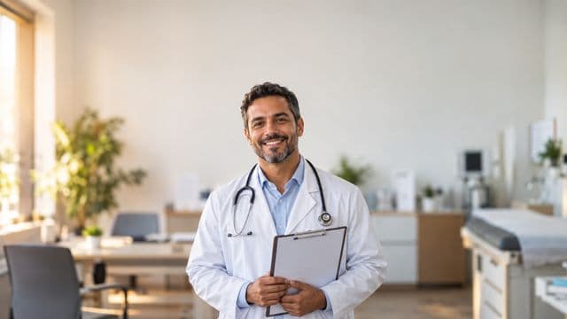 Médico sorrindo, com jaleco branco e estetoscópio, segurando uma prancheta, em um consultório médico moderno e bem iluminado