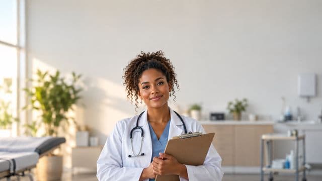 Médica sorrindo, com jaleco branco e estetoscópio, segurando uma prancheta, em um consultório médico moderno e bem iluminado