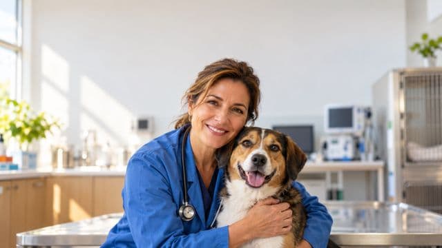 Médica veterinária sorrindo, com jaleco azul e estetoscópio, segurando com carinho um cachorro de porte médio, em uma clínica veterinária moderna e clara