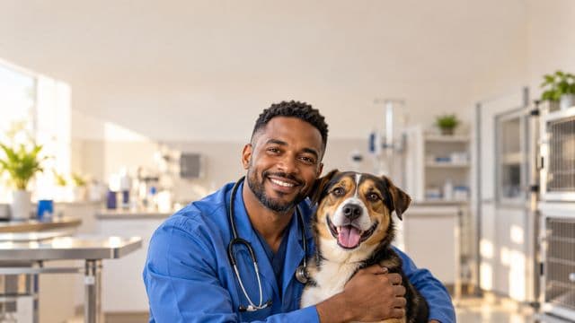 Médico veterinário sorrindo, com jaleco azul e estetoscópio, segurando com carinho um cachorro de porte médio, em uma clínica veterinária moderna e clara