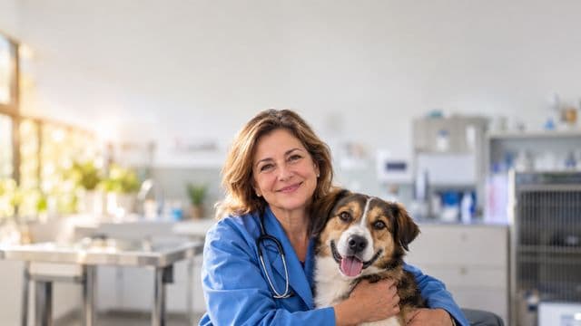 Médica veterinária sorrindo, com jaleco azul e estetoscópio, segurando com carinho um cachorro de porte médio, em uma clínica veterinária moderna e clara