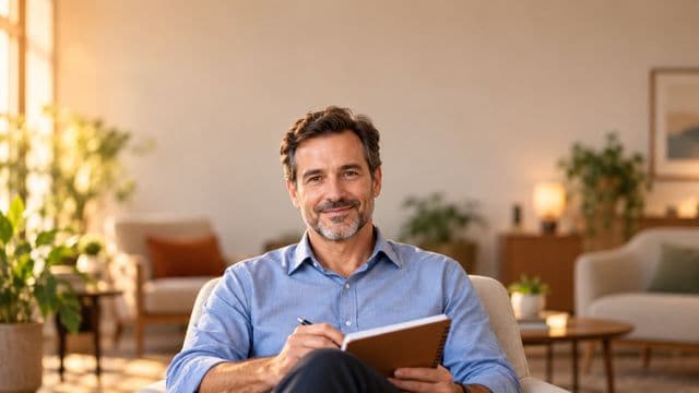 Psicólogo sorrindo, com camisa social azul, sem gravata, segurando um caderno de anotações, em um consultório de psicologia aconchegante com poltronas e plantas