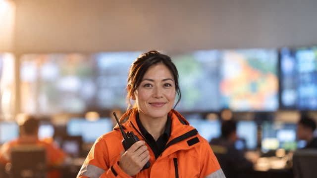 Profissional de defesa civil sorrindo, com jaqueta laranja de resgate, segurando um rádio comunicador, em um centro de operações de emergência com telões desfocados
