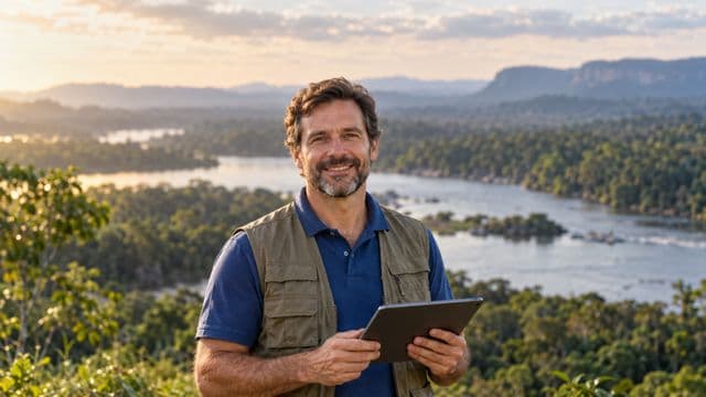 Gestor ambiental sorrindo, com camisa polo azul e colete de campo, segurando um tablet, em uma área de preservação com mata e um rio