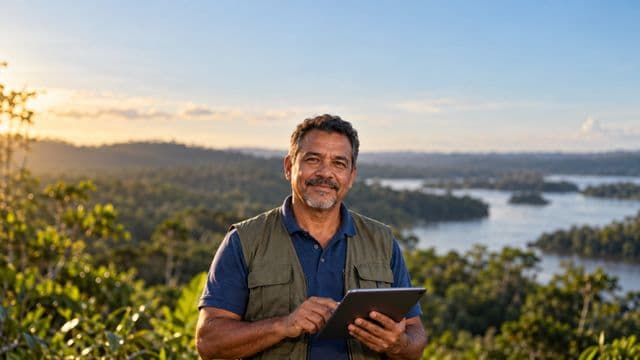 Gestor ambiental sorrindo, com camisa polo azul e colete de campo, segurando um tablet, em uma área de preservação com mata e um rio