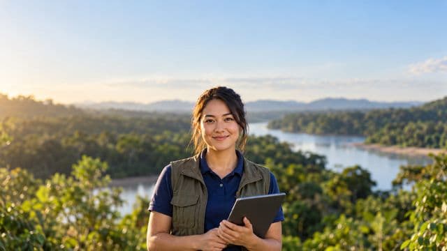 Gestora ambiental sorrindo, com camisa polo azul e colete de campo, segurando um tablet, em uma área de preservação com mata e um rio