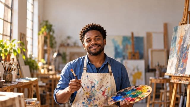 Arte-educador sorrindo, com avental de ateliê sobre camisa azul, segurando um pincel e uma paleta de cores, em um ateliê de artes claro com telas e cavaletes