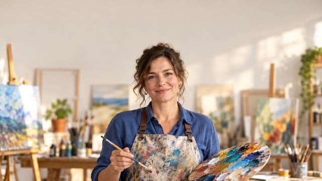 Arte-educadora sorrindo, com avental de ateliê sobre camisa azul, segurando um pincel e uma paleta de cores, em um ateliê de artes claro com telas e cavaletes