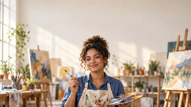 Arte-educadora sorrindo, com avental de ateliê sobre camisa azul, segurando um pincel e uma paleta de cores, em um ateliê de artes claro com telas e cavaletes