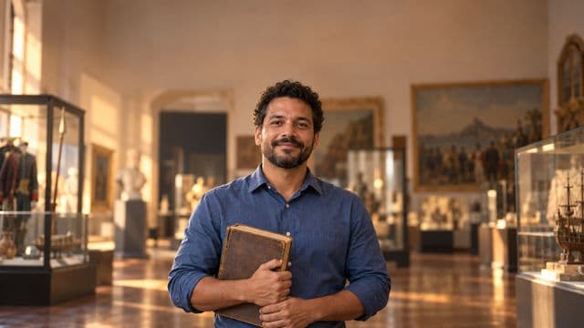 Professor de história sorrindo, com camisa social azul, segurando um livro antigo de capa lisa, em um museu histórico com vitrines desfocadas