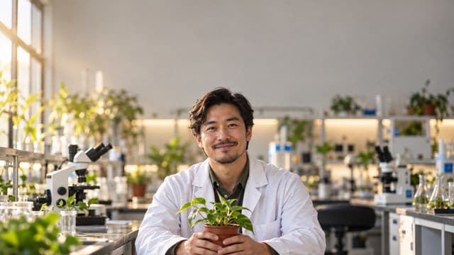 Professor de biologia sorrindo, com jaleco branco, segurando uma planta em um vaso pequeno, em um laboratório de biologia com microscópios
