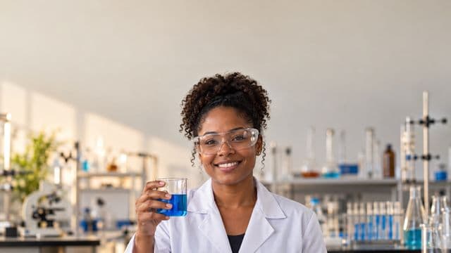 Professora de química sorrindo, com jaleco branco e óculos de proteção, segurando um béquer com líquido azul, em um laboratório de química com vidrarias