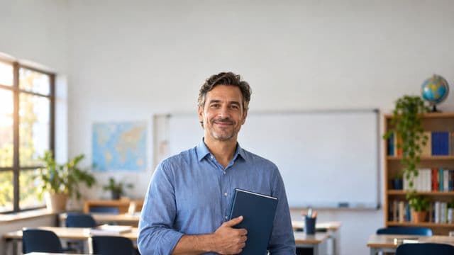 Professor de idiomas sorrindo, com camisa social azul, segurando um livro de capa lisa, em uma sala de aula de idiomas moderna