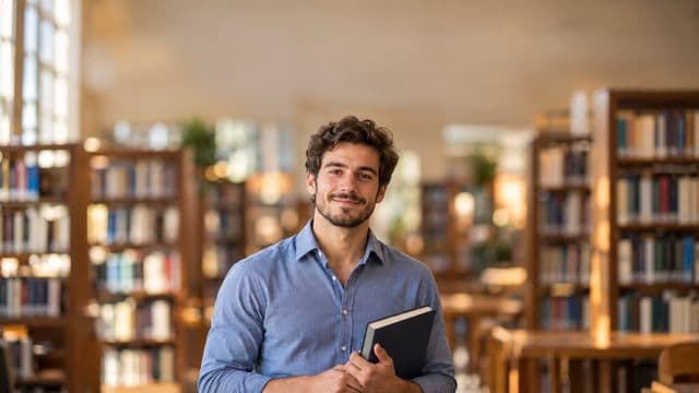 Professor de ciências humanas sorrindo, com camisa social azul, segurando um livro de capa lisa, em uma biblioteca universitária com estantes