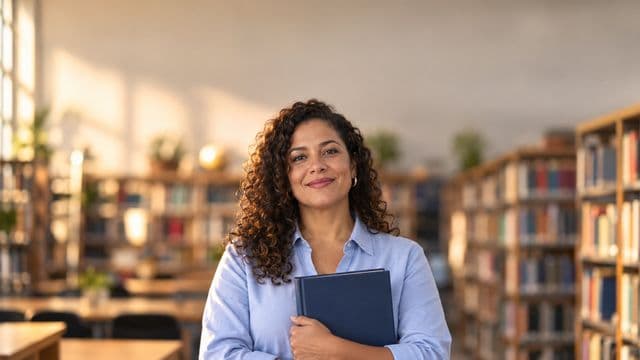 Professora de ciências humanas sorrindo, com camisa social azul, segurando um livro de capa lisa, em uma biblioteca universitária com estantes