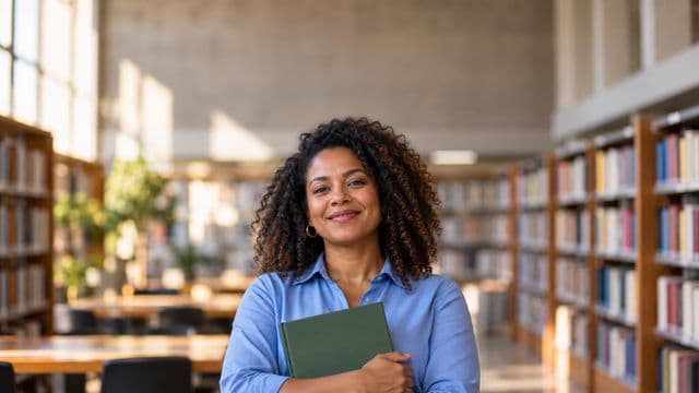 Professora de ciências humanas sorrindo, com camisa social azul, segurando um livro de capa lisa, em uma biblioteca universitária com estantes