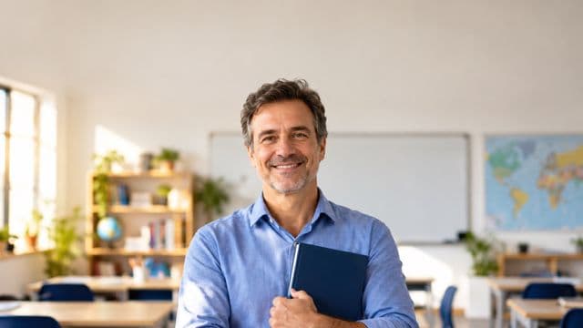 Professor de idiomas sorrindo, com camisa social azul, segurando um livro de capa lisa, em uma sala de aula de idiomas moderna