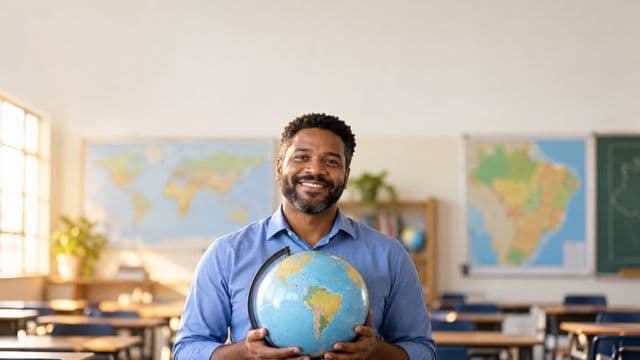 Professor de geografia sorrindo, com camisa social azul, segurando um globo terrestre, em uma sala de aula clara com mapas desfocados nas paredes