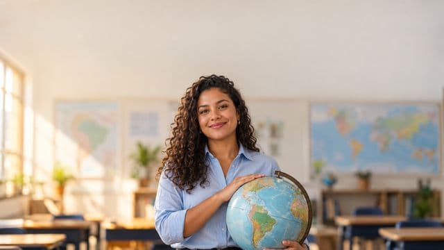 Professora de geografia sorrindo, com camisa social azul, segurando um globo terrestre, em uma sala de aula clara com mapas desfocados nas paredes