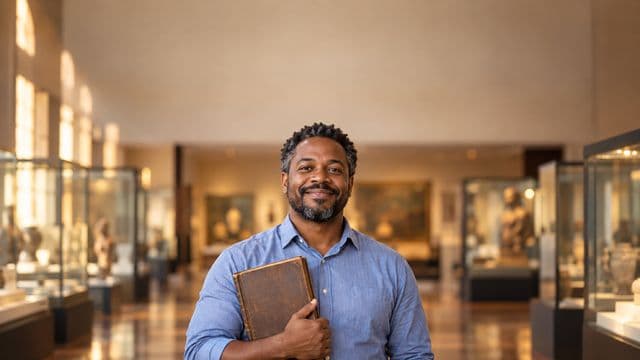 Professor de história sorrindo, com camisa social azul, segurando um livro antigo de capa lisa, em um museu histórico com vitrines desfocadas
