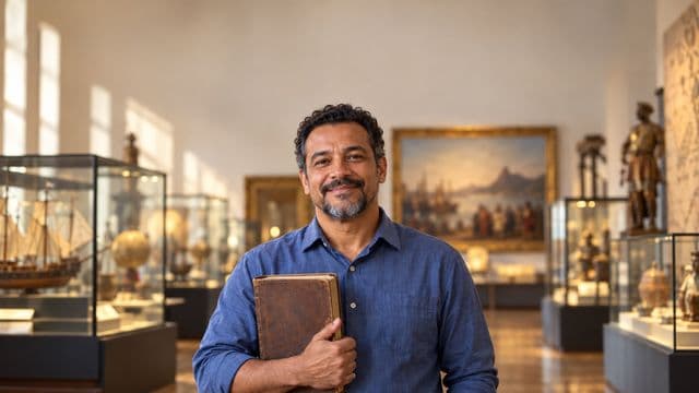 Professor de história sorrindo, com camisa social azul, segurando um livro antigo de capa lisa, em um museu histórico com vitrines desfocadas
