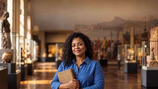 Professora de história sorrindo, com camisa social azul, segurando um livro antigo de capa lisa, em um museu histórico com vitrines desfocadas