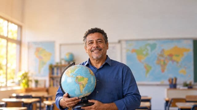 Professor de geografia sorrindo, com camisa social azul, segurando um globo terrestre, em uma sala de aula clara com mapas desfocados nas paredes