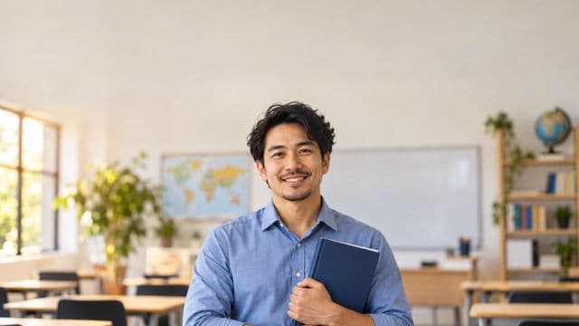 Professor de idiomas sorrindo, com camisa social azul, segurando um livro de capa lisa, em uma sala de aula de idiomas moderna