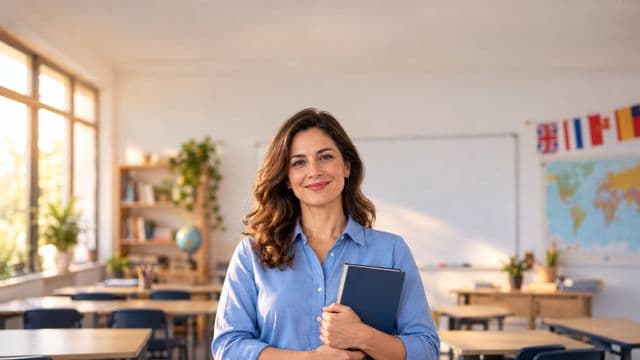 Professora de idiomas sorrindo, com camisa social azul, segurando um livro de capa lisa, em uma sala de aula de idiomas moderna
