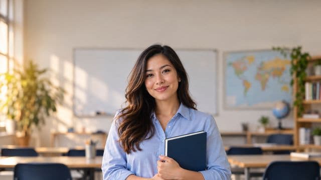 Professora de idiomas sorrindo, com camisa social azul, segurando um livro de capa lisa, em uma sala de aula de idiomas moderna