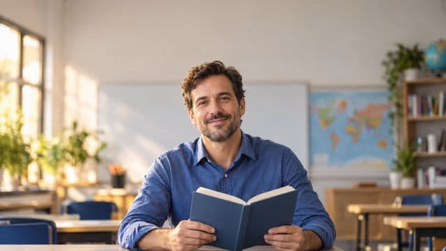 Professor de idiomas sorrindo, com camisa social azul, segurando um livro de capa lisa, em uma sala de aula de idiomas moderna