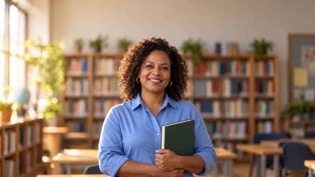 Professora de língua portuguesa sorrindo, com camisa social azul, segurando um livro de capa lisa, em uma biblioteca escolar com estantes