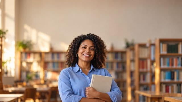 Professora de língua portuguesa sorrindo, com camisa social azul, segurando um livro de capa lisa, em uma biblioteca escolar com estantes