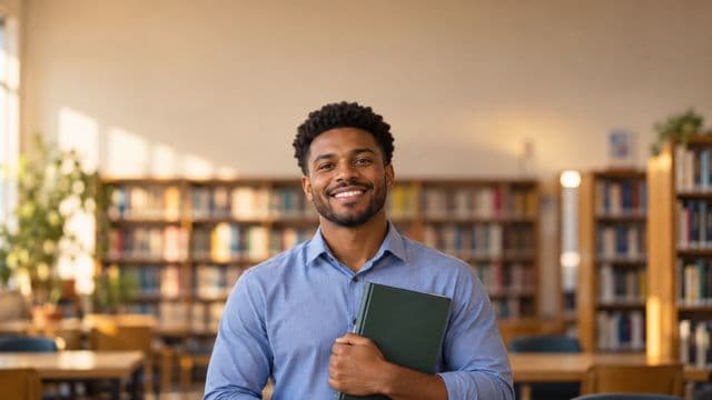 Professor de língua portuguesa sorrindo, com camisa social azul, segurando um livro de capa lisa, em uma biblioteca escolar com estantes