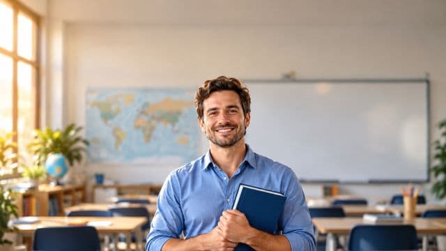 Professor de idiomas sorrindo, com camisa social azul, segurando um livro de capa lisa, em uma sala de aula de idiomas moderna