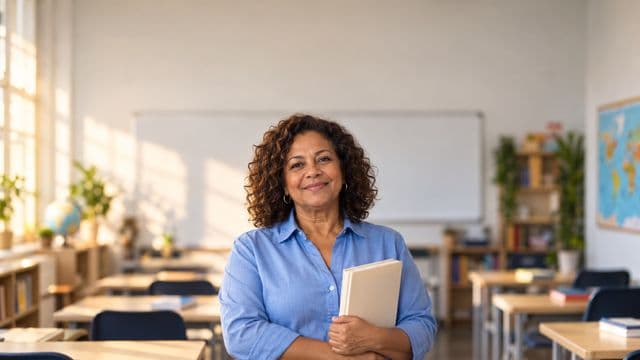 Professora de idiomas sorrindo, com camisa social azul, segurando um livro de capa lisa, em uma sala de aula de idiomas moderna