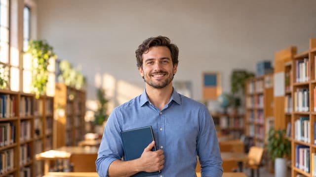 Professor de língua portuguesa sorrindo, com camisa social azul, segurando um livro de capa lisa, em uma biblioteca escolar com estantes