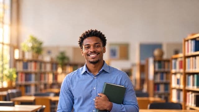 Professor de língua portuguesa sorrindo, com camisa social azul, segurando um livro de capa lisa, em uma biblioteca escolar com estantes