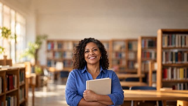 Professora de língua portuguesa sorrindo, com camisa social azul, segurando um livro de capa lisa, em uma biblioteca escolar com estantes
