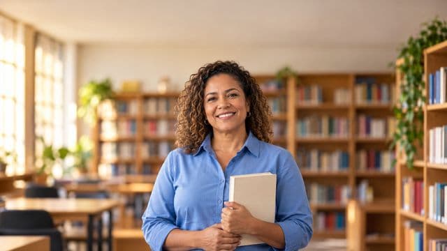 Professora de língua portuguesa sorrindo, com camisa social azul, segurando um livro de capa lisa, em uma biblioteca escolar com estantes