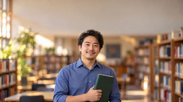 Professor de língua portuguesa sorrindo, com camisa social azul, segurando um livro de capa lisa, em uma biblioteca escolar com estantes