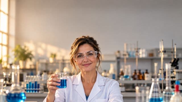 Professora de química sorrindo, com jaleco branco e óculos de proteção, segurando um béquer com líquido azul, em um laboratório de química com vidrarias