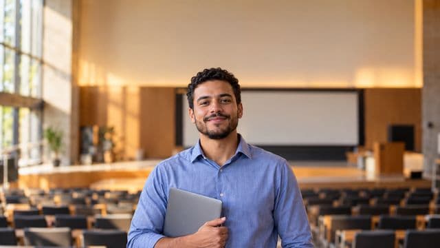 Professor universitário sorrindo, com camisa social azul, segurando um notebook, em um auditório universitário moderno